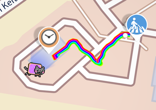 Small section of a road map with a rainbow path and a pop tart cat 