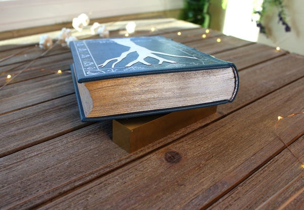 The top edge of a book. The pages have been painted silver and gold. 