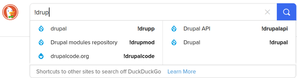 DuckDuckGo showing available search shortcuts to search on Drupal community sites.