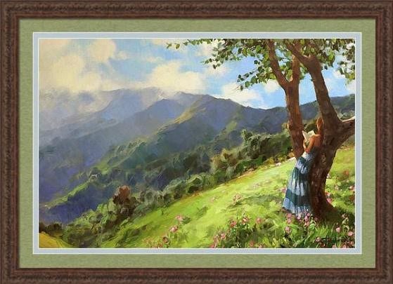 Framed print of an original oil painting depicting a young woman leaning against a tree and reading a book.