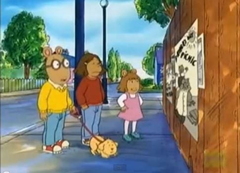A picture of Arthur with his dog on a leash, along with DW and Francine from the TV show Arthur