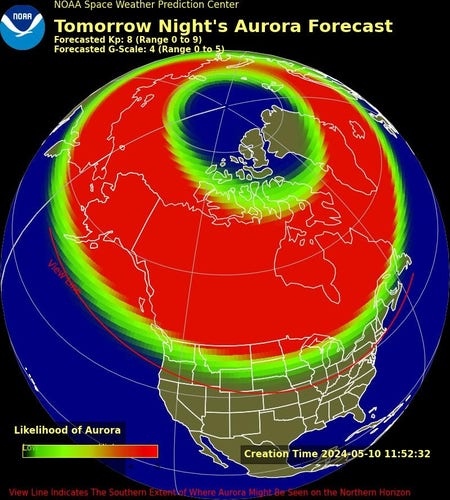 A map of the aurora forecast for tomorrow night, made by NOAA's Space Weather Prediction Center.  There's a giant red oval that covers all of canada, and extends well into the northern US.  I've never seen an aurora forecast this intense before.