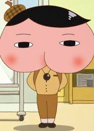 Anime image from Oshiri Tantei. Image of a detective with a classic detective hat with a large butt for a head. They have black hair atop their head and two, black eyes. There is no lower head, only butt cheeks.