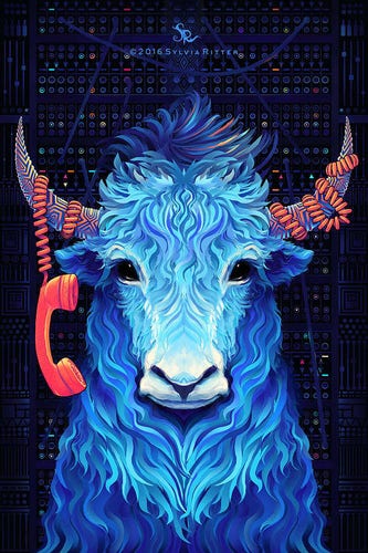 Yakkety Yak, inspired by Ubuntu release 16.10. https://www.deviantart.com/sylviaritter/art/Yakkety-Yak-627547873. A blue yak portrait with intricate shiny horns. A phone receiver is dangling from the left horn, while its cord is visible on both horns. In the background, we can see a busy telephone switchboard.