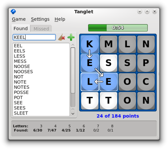 🕶️ A view of its UI, with menus (Game, Settings, Help) on the left, and 2 tabs below ("Found" active, "Missed" inactive). In the current "Found" tab, the word "KEEL" has just been found. On the right-hand side of the UI, at the top the time remaining in the form of a bar-graph, and below a 4x4 grid containing the letters, and colored in blue, the letters forming the word "KEEL" with white arrows indicating the reading direction of the letters forming the word. Underneath are the current points (24 of 184 points"), and underneath the points scored according to the number of letters making up the words.

📚️ Tanglet is a libre, multi-platform Boggle™game, whose objective is to find the maximum of words of at least 3 (classic board) or 4 (large board) letters in a limited (adjustable) time, from letters randomly arranged on a grid. A time bonus is earned for each word found. Words are formed by assembling juxtaposed letters horizontally, vertically, or diagonally in any direction without reusing a letter cell within the same word.