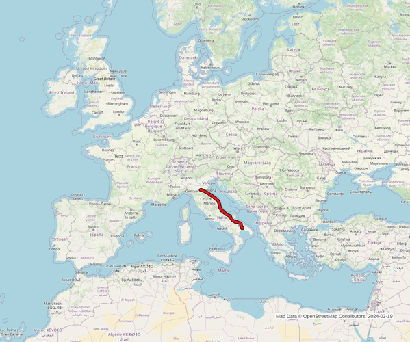 map of europe, showing a road along the adratic coast of italy highlighted in red