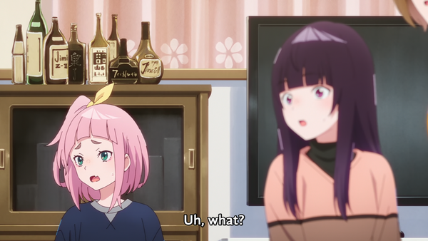 screenshot from Jellyfish Can't Swim In The Night episode 4 showing Kiwi and Mai saying "Uh what?" in Kano's house in the background is a cupboard and lots of bottles of alcohol of various kinds on top