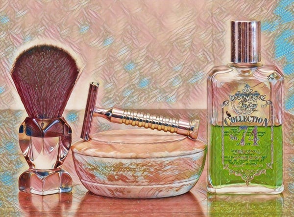 A photo rendered as a painting shows a shaving brush with a square clear lucite handle and black synthetic knot standing next to a well-worn wood container with a lid, on which rests a stainless steel double-edge safety razor with a ribbed handle. Next to it is a rectangular clear-glass bottle with a tall silver cap. Printed on the bottle is "Collection" and "74". The bottle is half filled with green liquid.