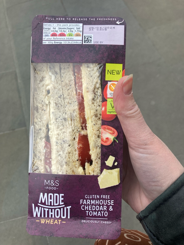 A gluten free tomato and cheese boxed sandwich from Marks & Spencer. 