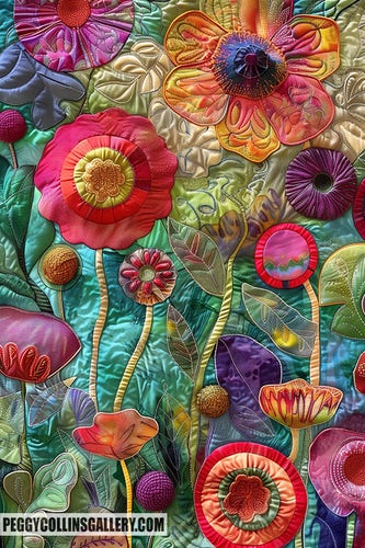 Colorful artwork of flowers in a garden with an embroidered look, by artist Peggy Collins.