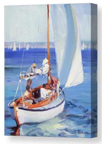 Canvas print of an original oil painting depicting four men in a sailboat on the blue, blue water.