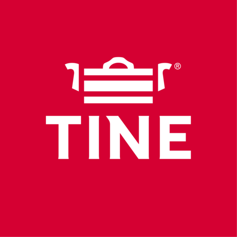 The logo of TINE, is a stylized traditional Norwegian food storage container, called a tine - with the capital letters TINE below.