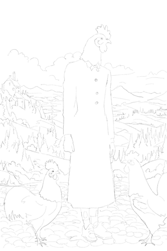 Sketched outline of a chicken headed woman standing on a cobblestone path with two roosters. Behind them is a sweeping landscape. 