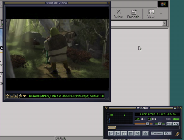 Winamp playing Shrek on Windows 98SE, in full 352x240 mpeg glory