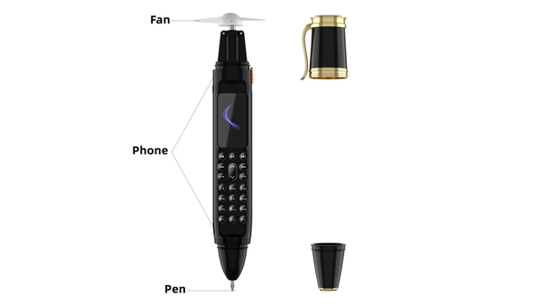 A big pen that's also a mobile phone with display, buttons, camera, audio jack, USB port, and to literally top it off, a fan on top.