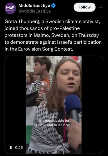 A pic of Greta giving an interview and wearing a keffiyeh with the following tweet above it: Greta thunberg a Swedish climate activist join thousands of propalestine protesters in Malmo Sweden on Thursday to demonstrate against Israel's participation in Eurovision song contest.