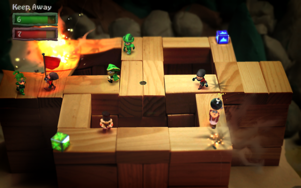 🕶️ A bird's eye view of a game in progress where players compete on a field in the shape of superimposed wooden blocks, giving the whole thing the appearance of a children's game where toys compete ( similar to ToyStory). The graphics are magnificent.

📚️ BombSquad is a single-player / multi-player (up to 8), partially libre (free data & additional paid features) and multi-platform, beat 'em up / bomberman. Players jump, hit, throw bombs at their opponents on many fields and in various game modes (Capture-the-Flag, King-of-the-Hill, Bomber-Hockey, Epic-Slow-Motion-Elimination, ...). The game offers very high quality graphics, sound effects and animations, supports keyboards, joysticks and other devices (Wiimotes, iOS & Android, VR headset). Superb and fun. Very good.