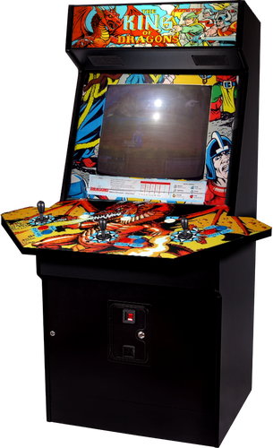 Image of a "The King of Dragons" arcade cabinet. It has a large control area, roughly hexagonal in shape, with lots of cool fantasy artwork related to the game (as well as the usual control sticks and buttons for each of three players).