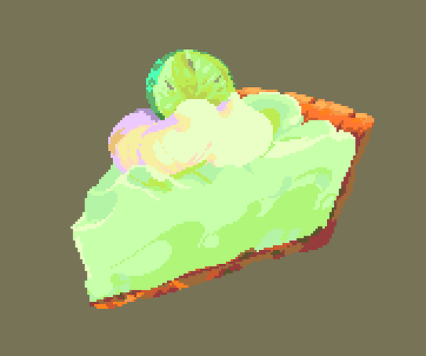 A pixel art depicting a soft lemon pie with meringue on top and a slice of lemon.