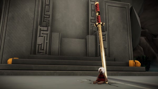 A white haired doll propped up against a golden sword that lay stuck in the ground.
