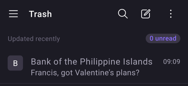 Email from bank asking about valentines plan