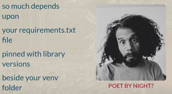 Slide from my PyCon presentation with a poem on the side, and a black and white picture of myself with an odd look, head slightly tilted, and scraggly hair going everywhere... under the picture it reads "Poet by Night?"

The poem reads:
so much depends
upon

your requirements.txt
file

pinned with library
versions

beside your venv
folder