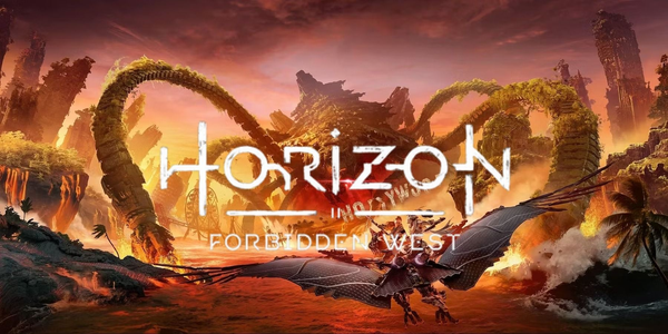 An image for the video game Horizon Forbidden West showing one of the big monsters in the game.