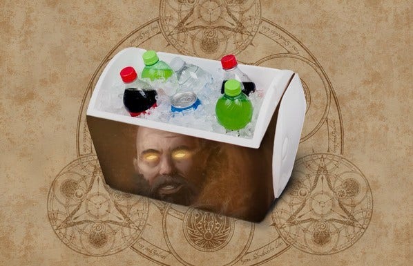 A cooler with soda and water in it with Zoltun Kull's face from Diablo on the side of it. His eyes glowing yellow, etc