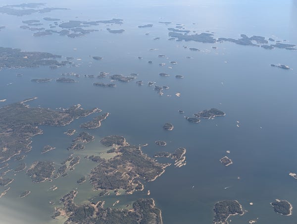 A view of the Finnish fjords, seen from the window of a Finnair twin-prop flight from Talinn, Estonia.