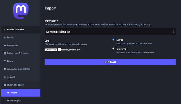 Screenshot showing Mastodon's CSV import menu with "blocked_domains.csv" uploaded as a domain blocking list with "merge" selected.