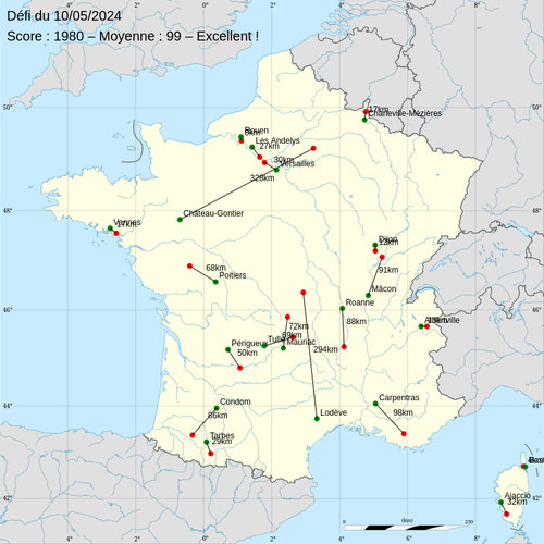 Aujourd'hui j'ai fait 1980 – Moyenne 99 à Accuracity France ! – https://accura.city/
Top 3 : Bastia (4km), Rouen (8km), Dijon (12km)
Flop 3 : Carpentras (98km), Lodève (294km), Château-Gontier (328km)