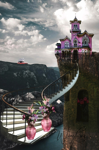 This is a surreal image featuring a grand pink house atop a cliff with a winding staircase leading down, a car is nearby on the opposite cliff, and vases with pink flowers in the foreground.