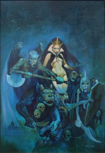 A vampiric lady is surrounded by a horde of monsters and skulls as they stare menacingly at the world.