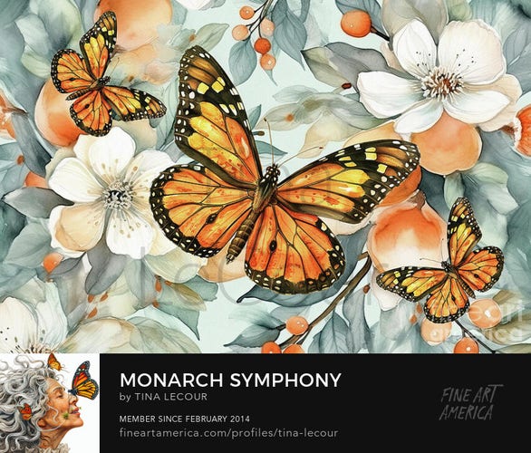 This is mixed media image of three monarch butterflies with a pretty botanical floral background in colors of white, teal and orange. 