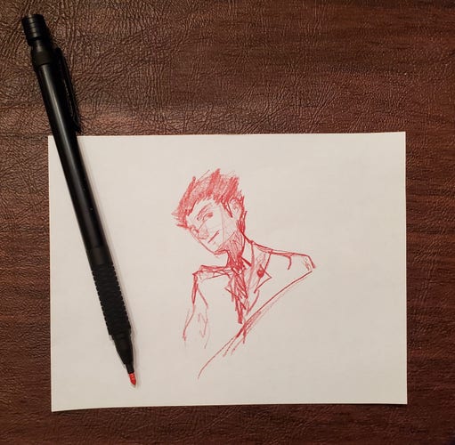 A traditional sketch in red pencil of a bust of Phoenix Wright. There is a black mechanical lead holder with red lead in it on the left side.