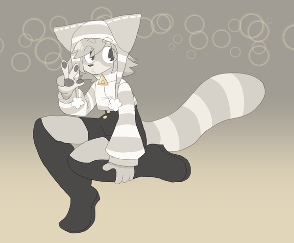 a digital drawing of a dust-colored anthropomorphic raccoon person. they are wearing a striped hat that covers their ears, a crop-top styled coat with a big collar, high waisted shorts, and long, simple boots. the hat and coat are similar in color to them while the shorts and boots are closer to black. they are holding one of their legs while their other hand is doing a peace sign.
the background is a dusty grey as well, with a gradient that makes it lighter on the bottom. there are circles going across the top of the drawing, behind the raccoon.