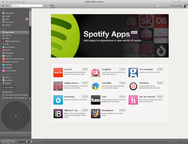 A screenshot of Spotify showing the Spotify App Finder - listing apps like Last.fm, Songkick, The Guardian, TuneWiki, etc.