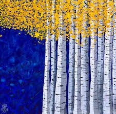 Ceaitive painting of a large group of thin brich trees with many yellow leaves right in the painting, to a deep blue background. 