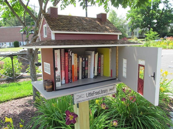 Image of a free little library in Easthampton, MA. A small house, redesigned as book shelf.

Photo by John Phelan, CC BY-SA 3.0 <https://creativecommons.org/licenses/by-sa/3.0>, via Wikimedia Commons