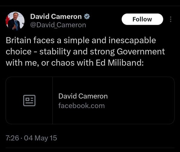 A screenshot of a facebook post by David Cameron from 4 May 2015.
Text reads: Britain faces a simple and iescapable choice - stability and strong government with me or Chaos with Ed Miliband. 