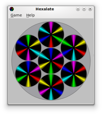 🕶️ A view of its IU with its 7 disks (including 1 in the center) with their 6 colored stripes that need to be aligned by rearranging and rotating the disks.

📚️ Hexalate is a libre and multi-platform puzzle game whose objective is to rotate and position the 7 disks so that their 6 colored lines match disk to disk. The rotation of the colored lines is done with a right click, the rotation of the disks is done by drag and drop.