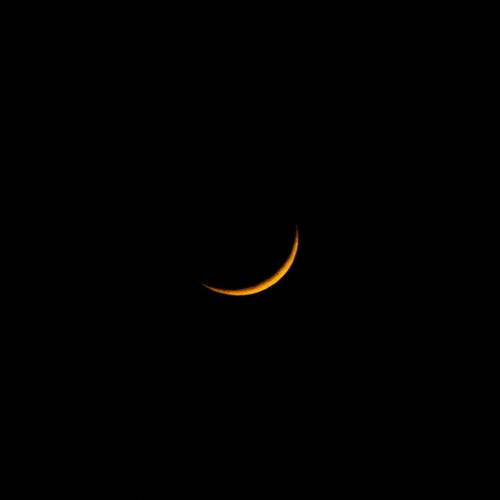 The crescent moon in the night sky.