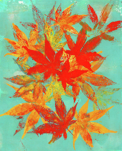 Red Japanese Maple leaves on blue is an acrylic painting in portrait format painted by artist Karen Kaspar. Maple leaves in bright shades of orange and red dance across an abstract blue background. 