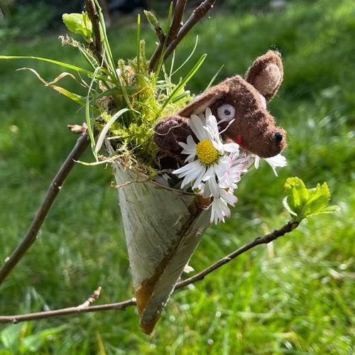 Photo of Silvius, the baby Latin mouse, posing in a little birch-bark cone full of moss, grass and daisies