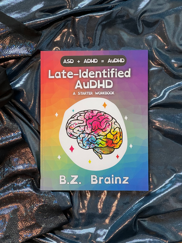 A colorful workbook titled late identified AuDHD by BZ Brainz on a shiny background.