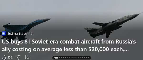 Business Insider

US buys 81 Soviet-era combat aircraft from Russia's ally costing on average less than $20,000 each,... 