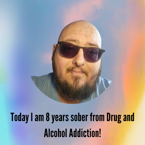 Image of David with the text "Today I am 8 years sober from drug and alcohol addiction!"