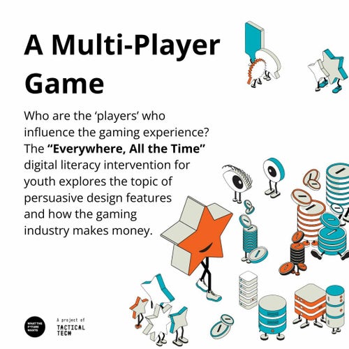 A Multi-Player Game 
Who are the ‘players’ who influence the gaming experience? The “Everywhere, All the Time” digital literacy intervention for youth explores the topic of persuasive design features and how the gaming industry makes money.