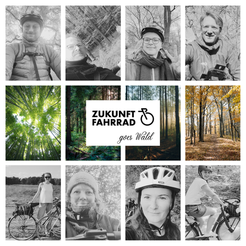 Eine Fotocollage mit dem ganzen Team von Zukunft Fahrrad - alle sind mit Fahrrädern im Wald, manche im Sommer, manche im Winter, alle scheinen sehr fröhlich :)