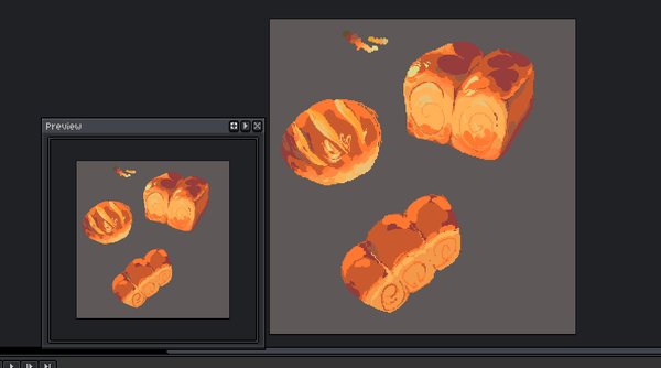 a work in progress of a pixel art of three loafs of bread
